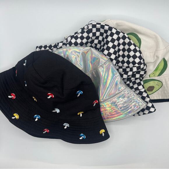 Bundle of 4 Rave Festival Bucket Hats Mushrooms Checkered Reflective Avocado - Picture 1 of 12